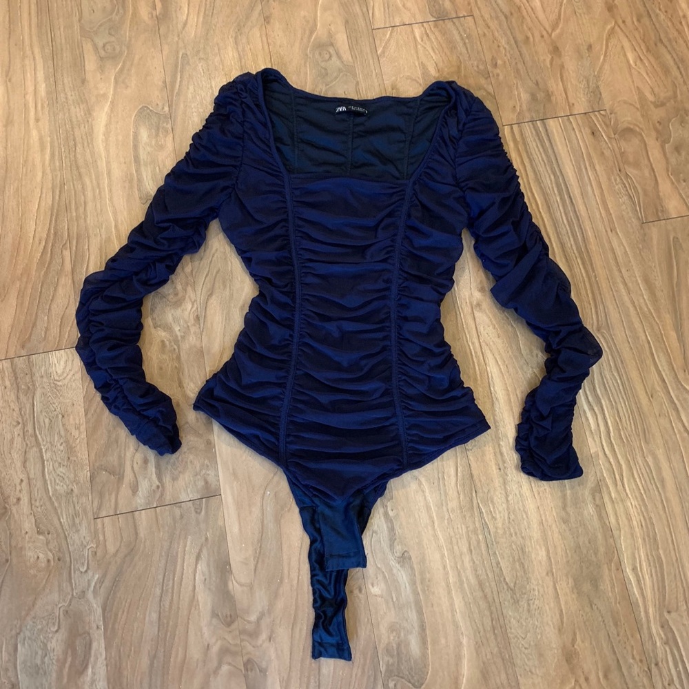 Zara Navy Ruched Bodysuit